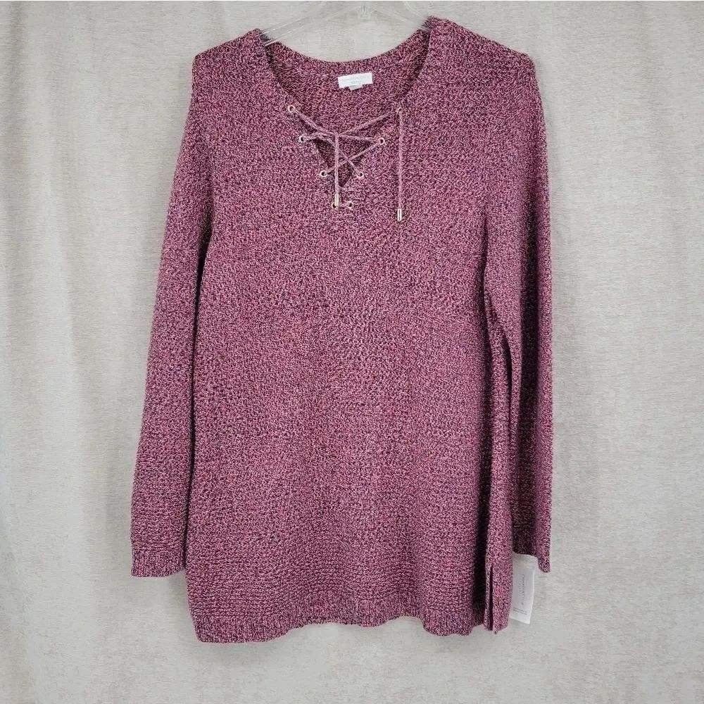Charter Club Regatta Royal in Coral Bloom Knit Sweater Lace Up Neckline